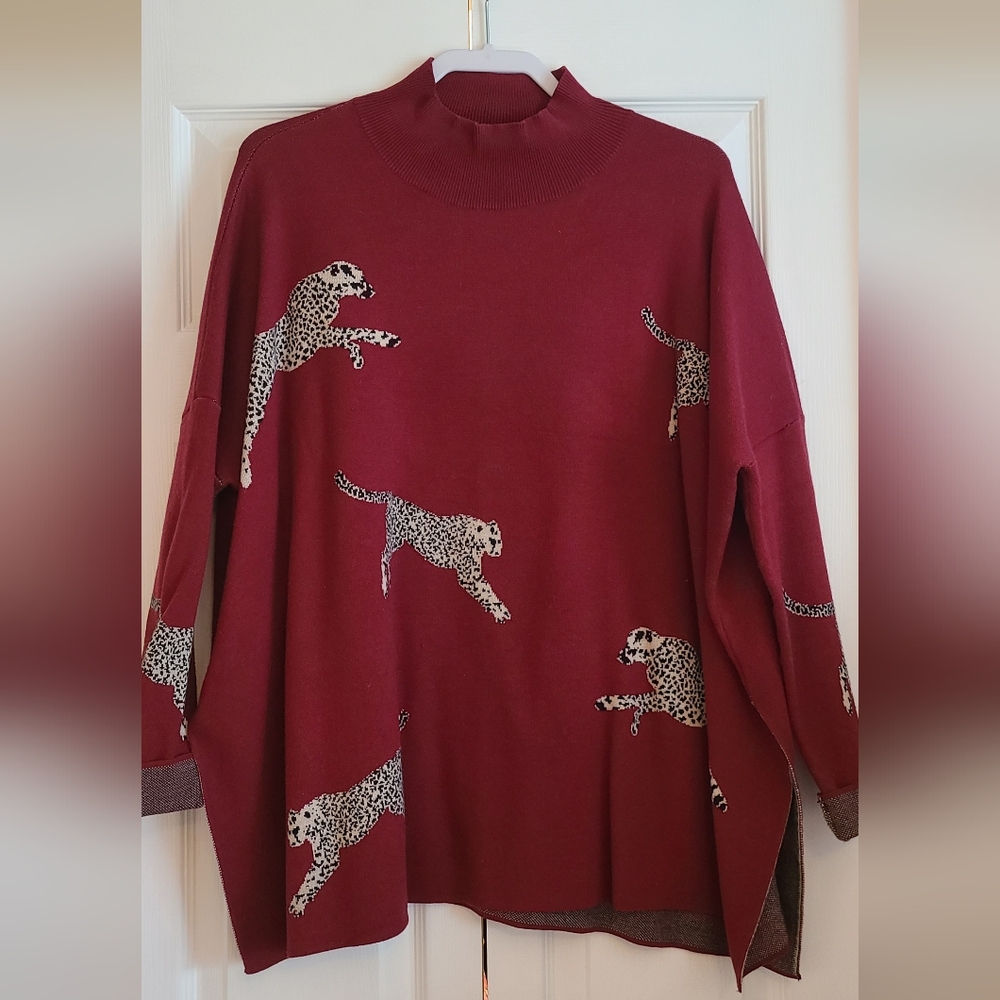 Burgundy Boutique Sweater with Leopard Print